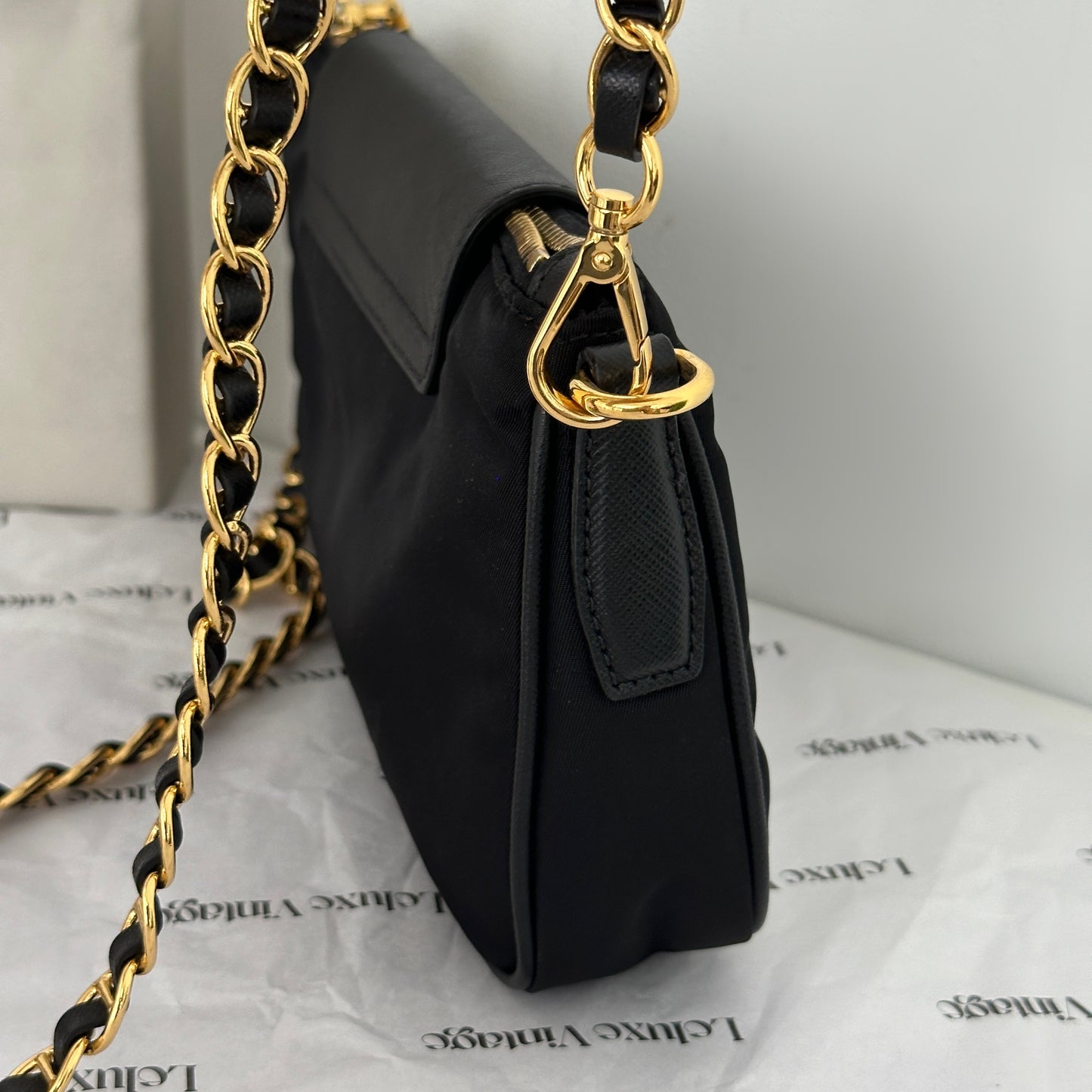 Prada Tessuto Saffiano Nylon Leather Black Chain