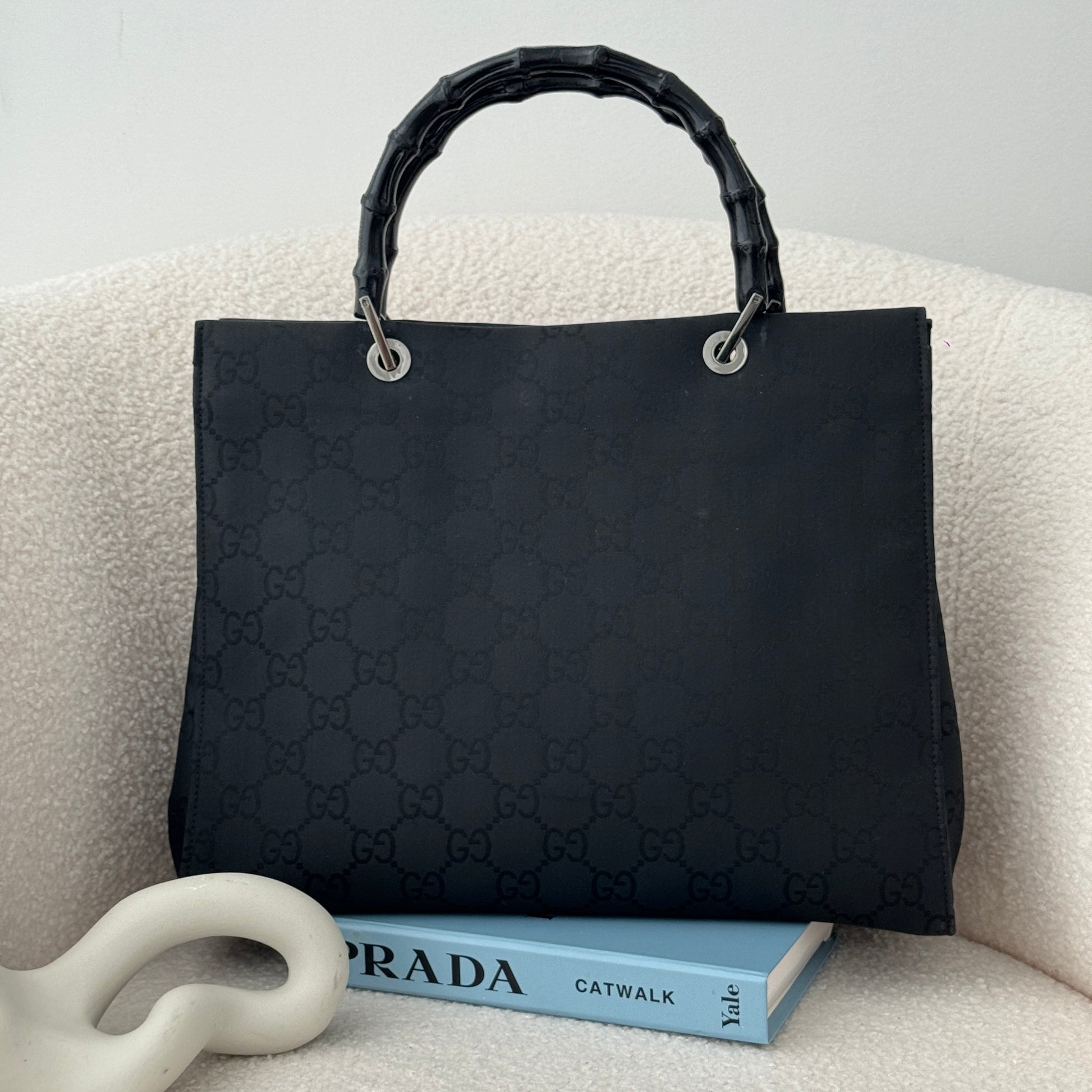 Gucci Black GG Canvas Bamboo Tote - Leluxe Vintage Sdn. Bhd.