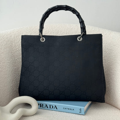 Gucci Black GG Canvas Bamboo Tote - Leluxe Vintage Sdn. Bhd.