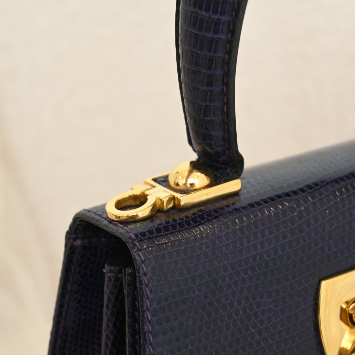 Salvatore Ferragamo Gancini Kelly Small in Purple  Embossed Lizard Leather