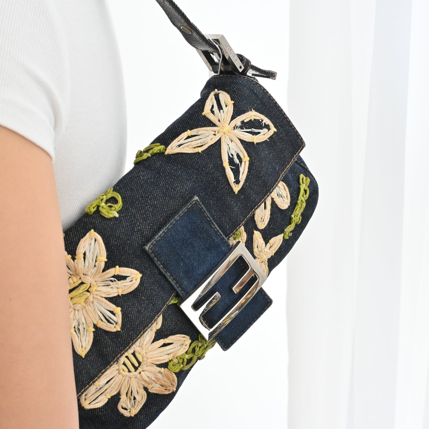 Fendi Denim Floral Embroidered Baguette