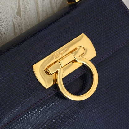 Salvatore Ferragamo Gancini Kelly Small in Purple  Embossed Lizard Leather