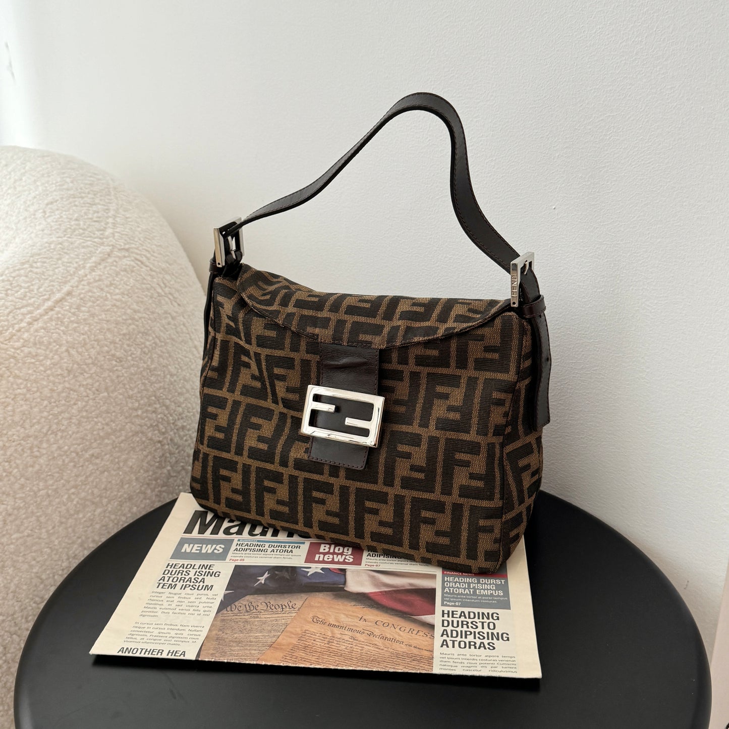 Fendi Zucca Monogram Canvas & Leather Shoulder Bag Brown