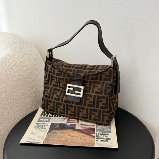 Fendi Zucca Monogram Canvas & Leather Shoulder Bag Brown