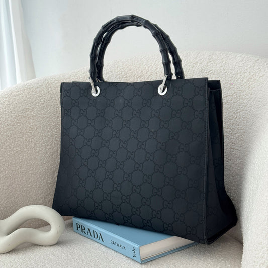 Gucci Black GG Canvas Bamboo Tote