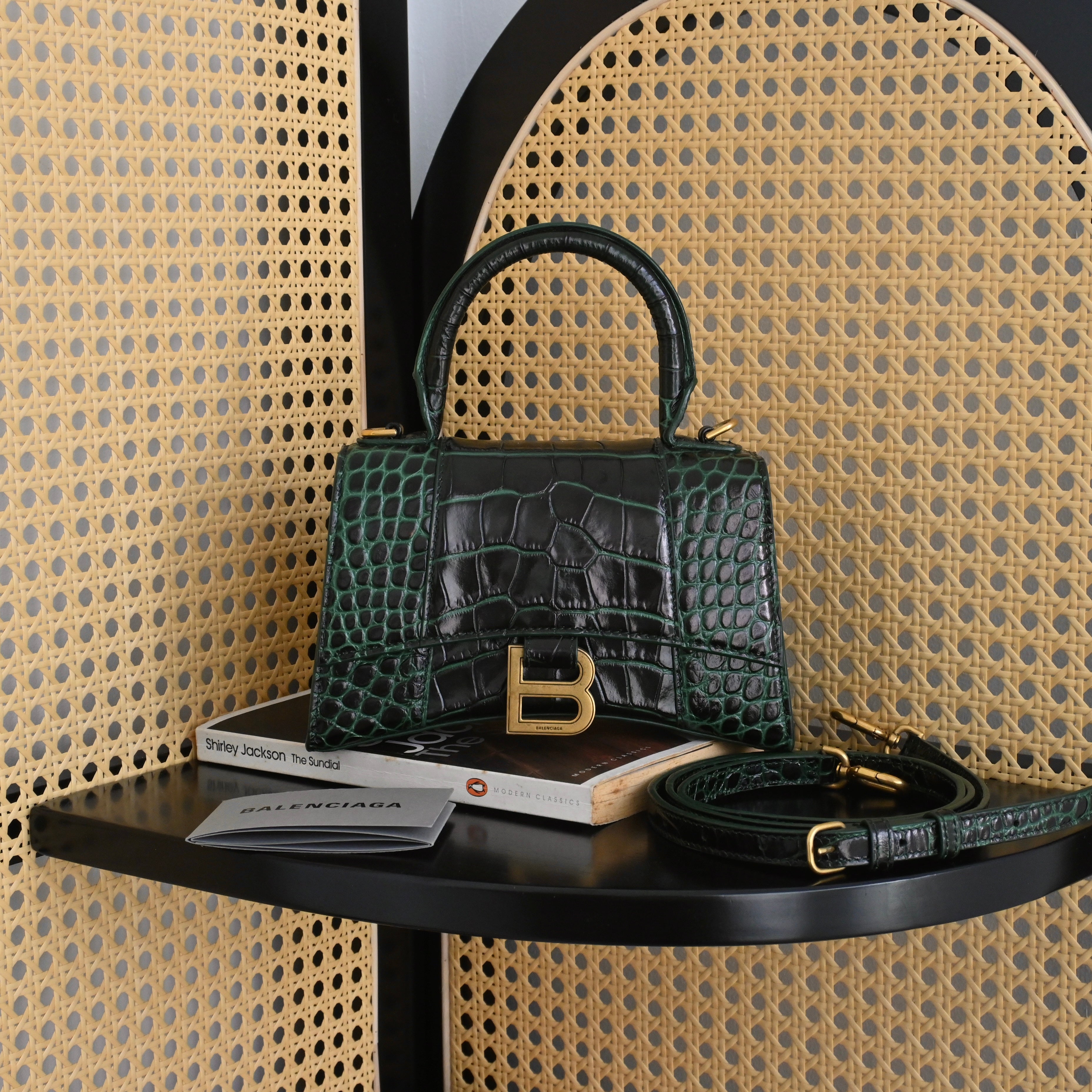 Balenciaga XS Hourglass Dark Green Croc Embossed Leather – Leluxe