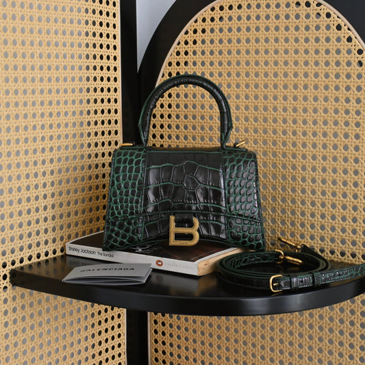 Balenciaga XS Hourglass Dark Green Croc Embossed Leather - Leluxe Vintage Sdn. Bhd.