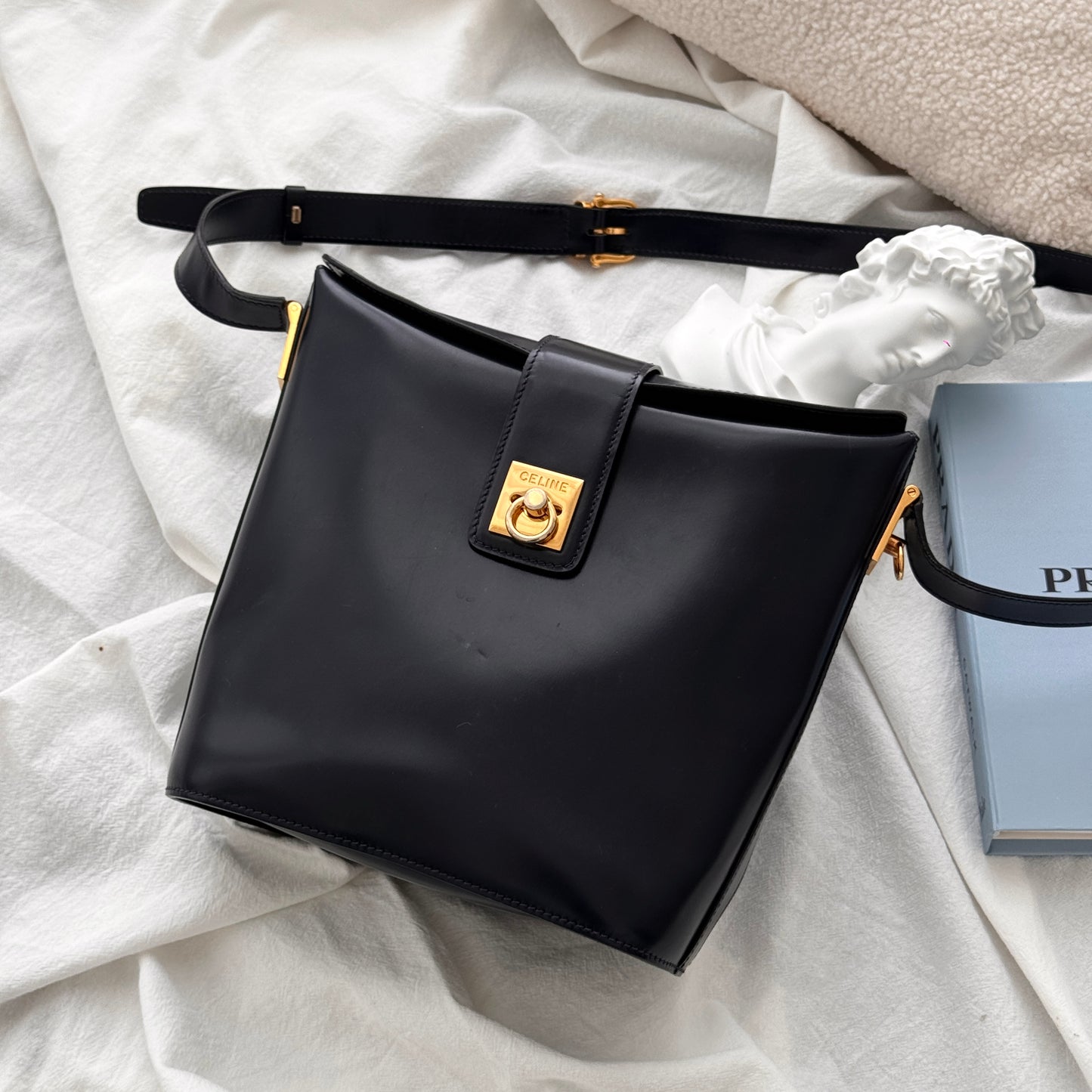 Celine Vintage Navy Gancini Bucket Bag