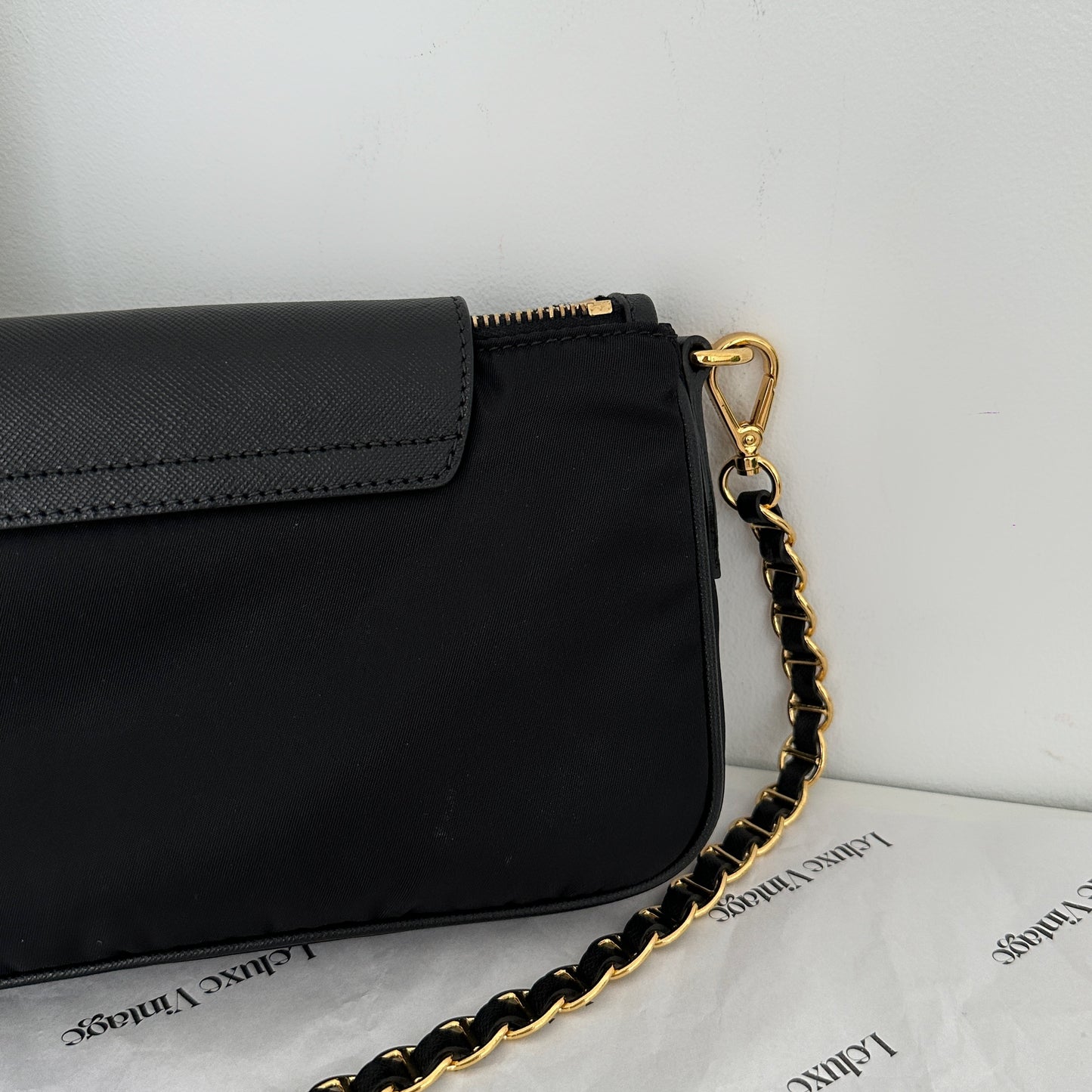 Prada Tessuto Saffiano Nylon Leather Black Chain