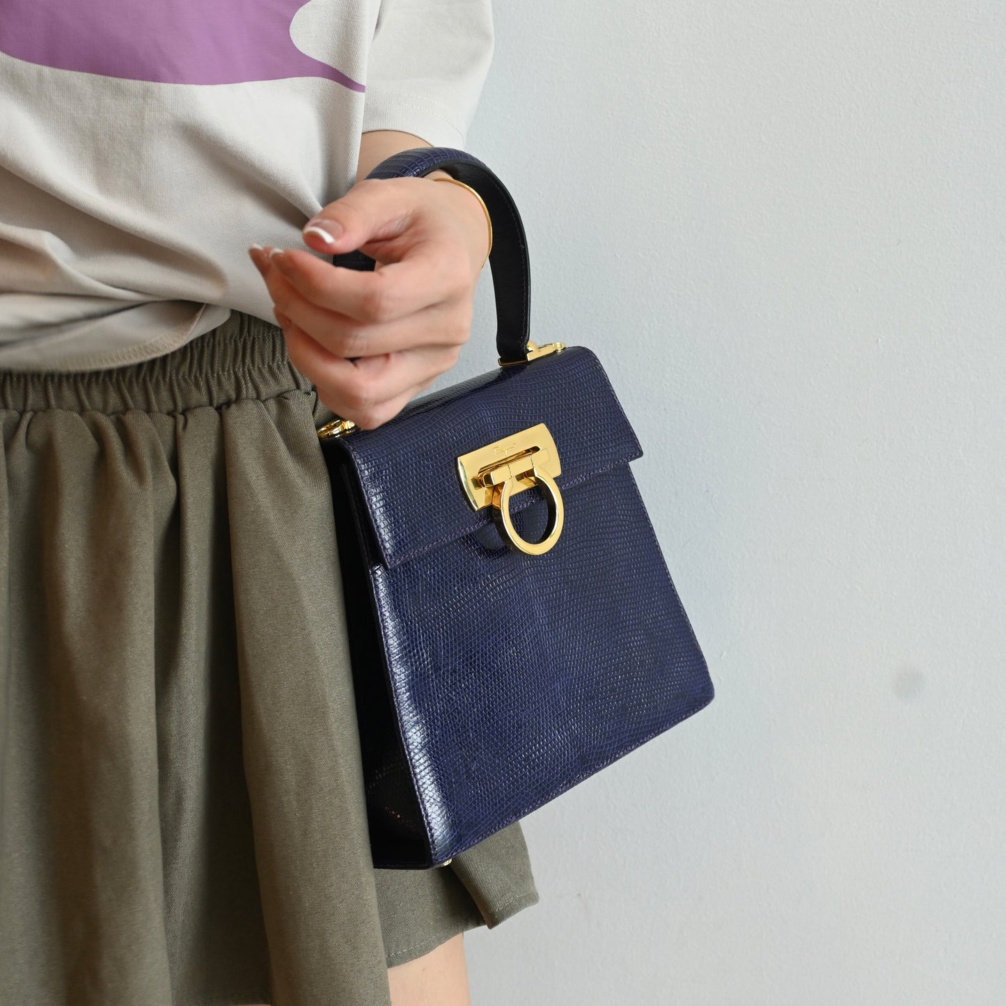 Salvatore Ferragamo Gancini Kelly Small in Purple  Embossed Lizard Leather