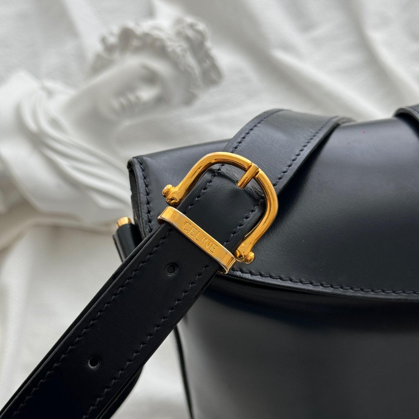 Celine Vintage Navy Gancini Bucket Bag