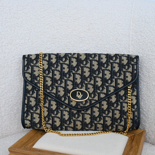 Dior Trotter Navy Monogram Chain Shoulder Envelope Bag