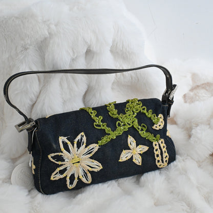 Fendi Denim Floral Embroidered Baguette