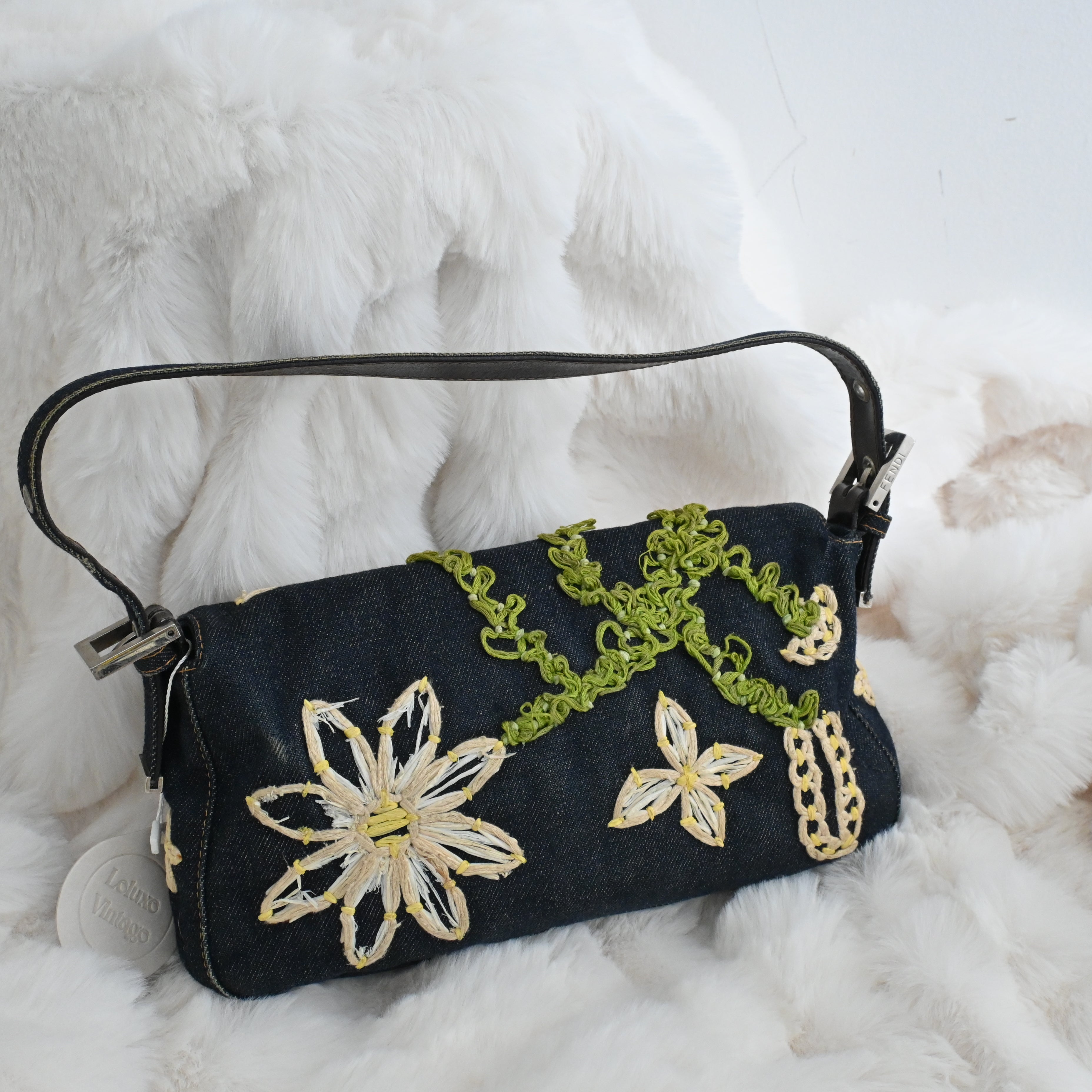 Fendi Denim Floral Embroidered Baguette - Leluxe Vintage Sdn. Bhd.