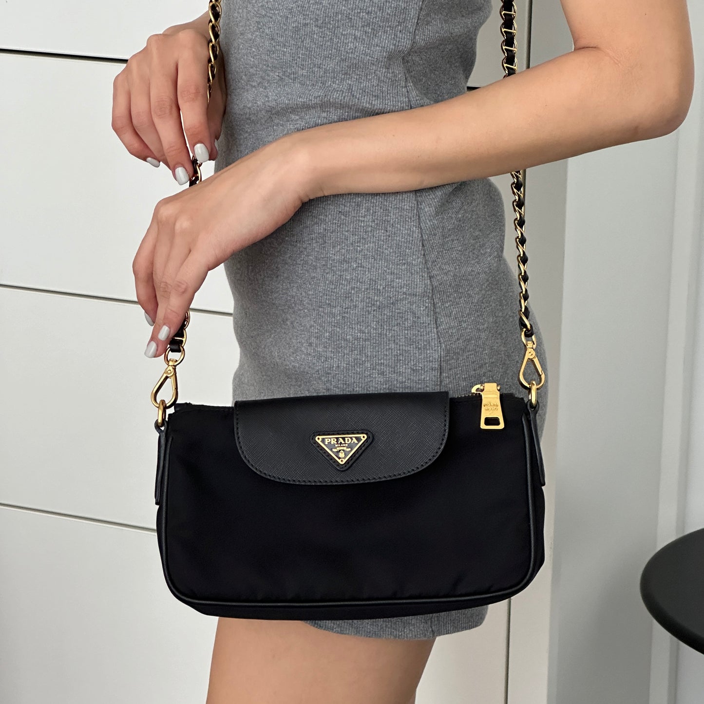 Prada Tessuto Saffiano Nylon Leather Black Chain