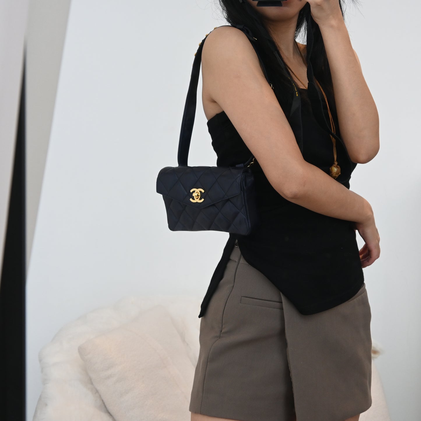 Chanel Navy Lambskin Chain Beltbag 80’s