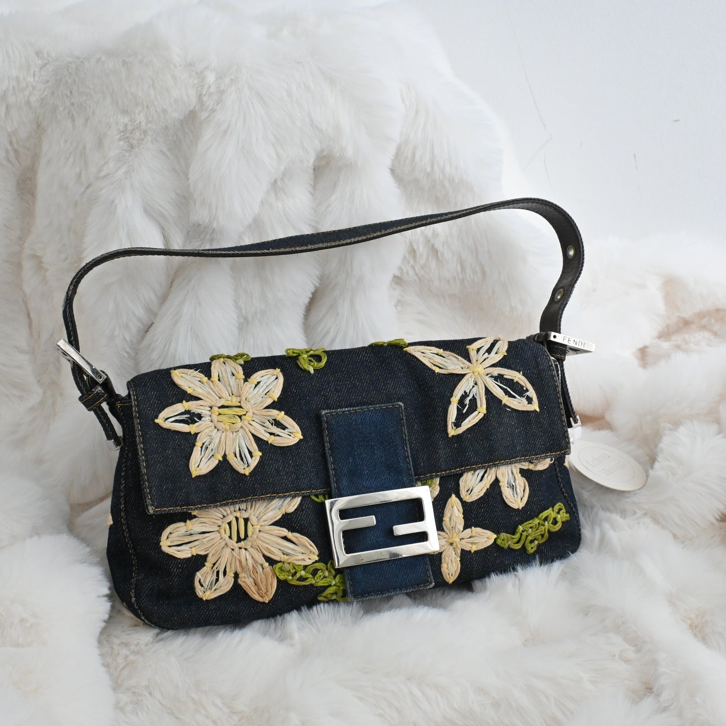 Fendi Denim Floral Embroidered Baguette