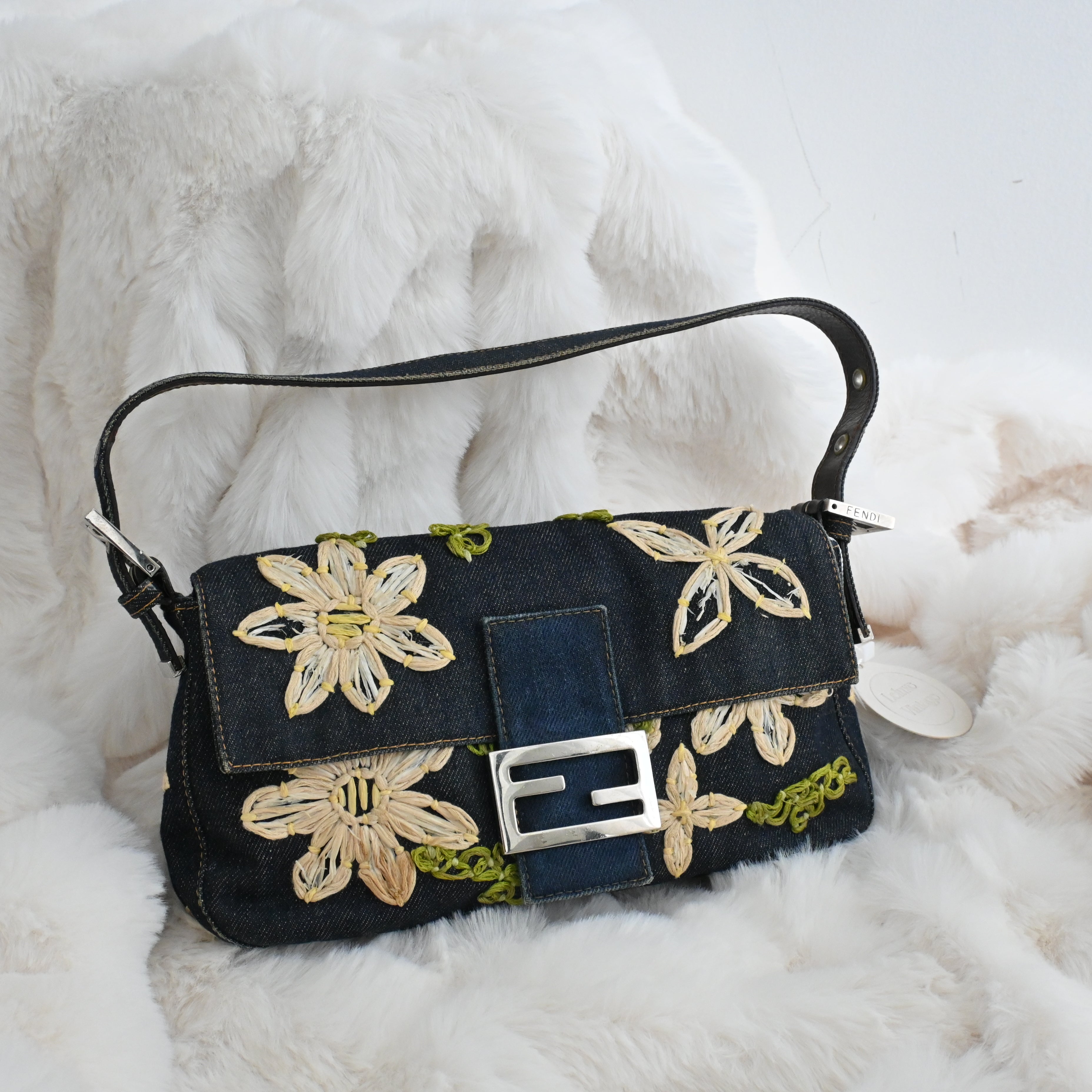 Fendi Denim Floral Embroidered Baguette - Leluxe Vintage Sdn. Bhd.