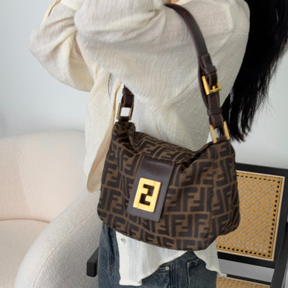 Fendi Zucca Monogram Shoulder Bag with FF Logo Buckle