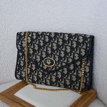 Dior Trotter Navy Monogram Chain Shoulder Envelope Bag