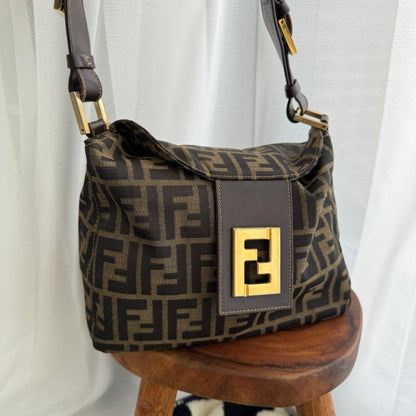 Fendi Zucca Monogram Shoulder Bag with FF Logo Buckle