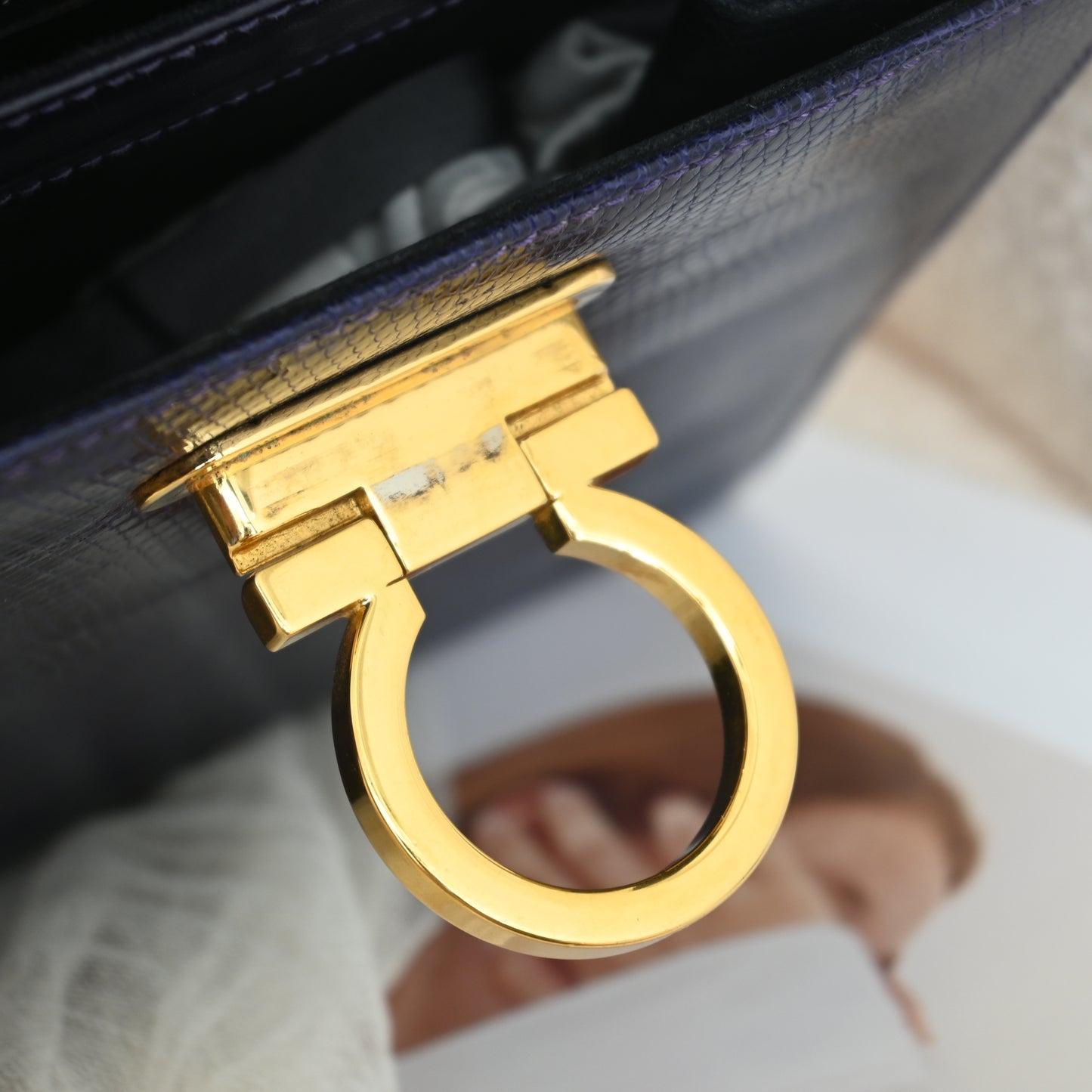 Salvatore Ferragamo Gancini Kelly Small in Purple  Embossed Lizard Leather