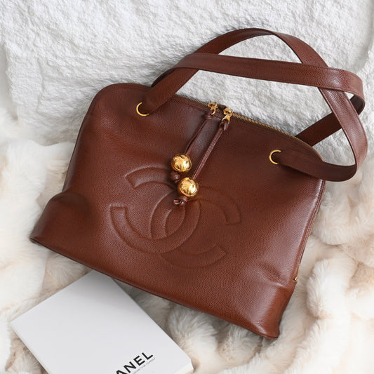 Chanel Timeless Caviar Brown Tote with Gold Ball