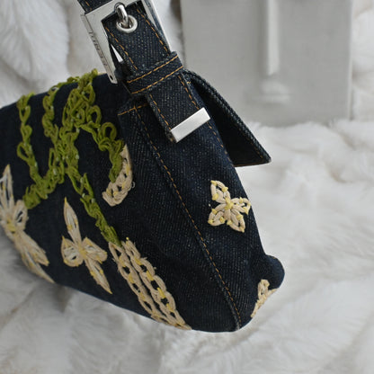 Fendi Denim Floral Embroidered Baguette