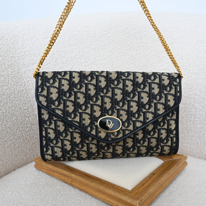 Dior Trotter Navy Monogram Chain Shoulder Envelope Bag
