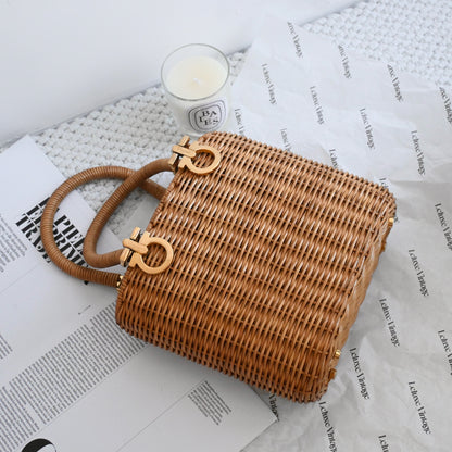 Salvatore Ferragamo Gancini Wicker Rattan Basket Bag