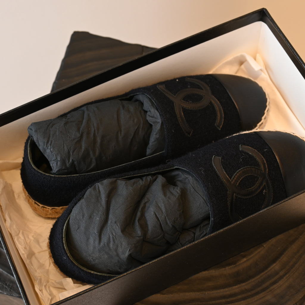 Chanel Black Tweed Leather Flats Espadrilles - Leluxe Vintage Sdn. Bhd.