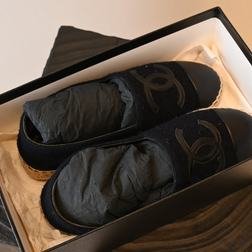 Chanel Black Tweed Leather Flats Espadrilles - Leluxe Vintage Sdn. Bhd.