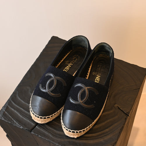 Chanel Black Tweed Leather Flats Espadrilles - Leluxe Vintage Sdn. Bhd.