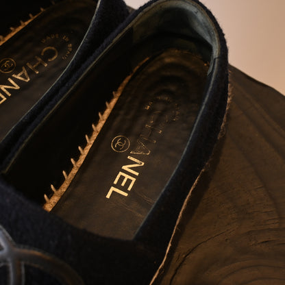 Chanel Black Tweed Leather Flats Espadrilles