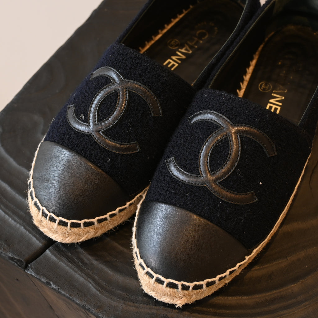 Chanel Black Tweed Leather Flats Espadrilles - Leluxe Vintage Sdn. Bhd.