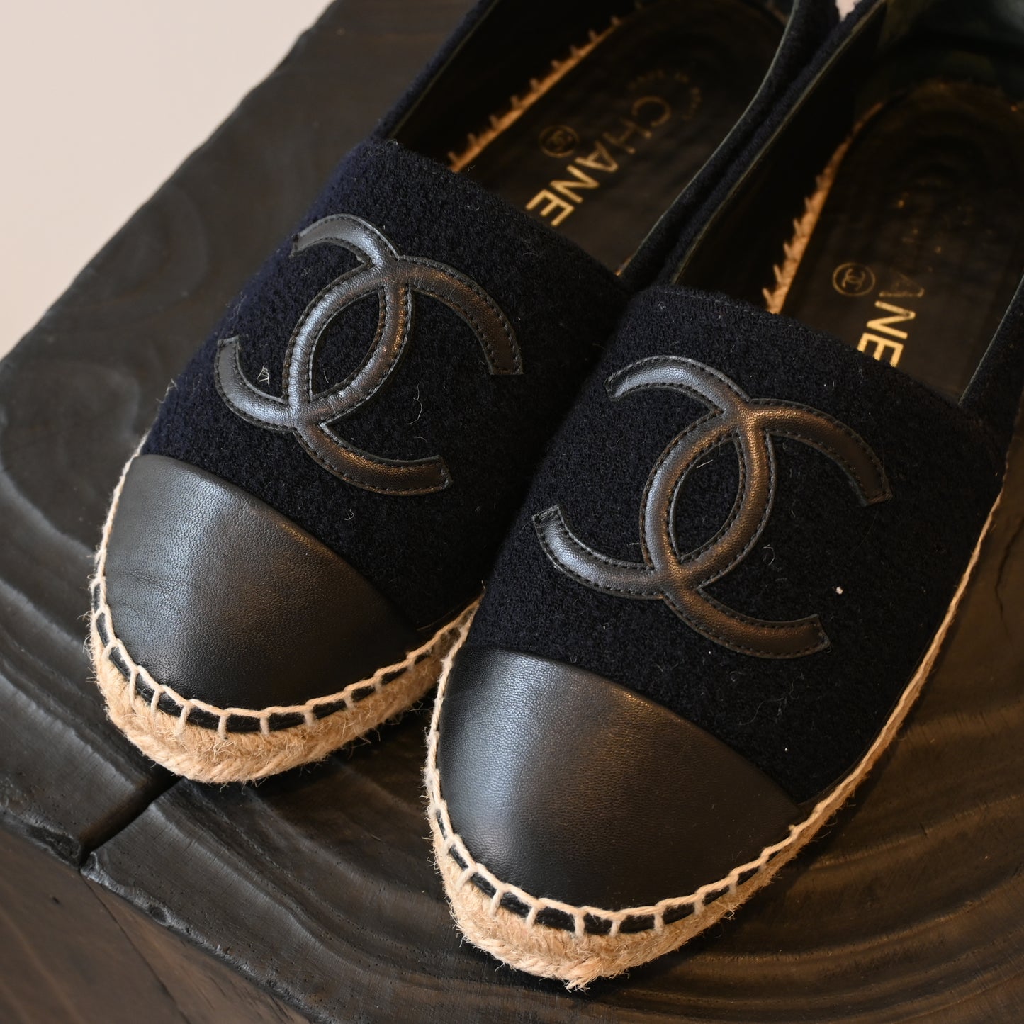 Chanel Black Tweed Leather Flats Espadrilles