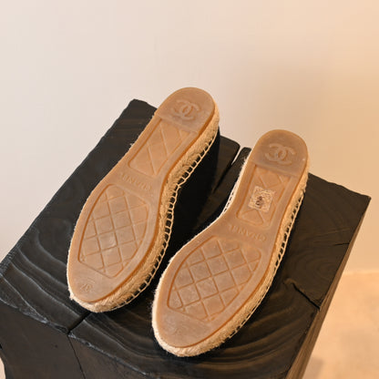 Chanel Black Tweed Leather Flats Espadrilles