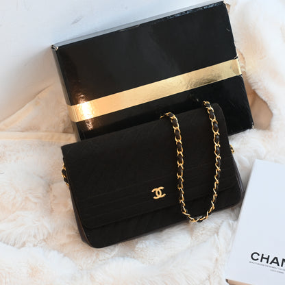 Chanel Bias Stitching Cotton x Lambskin Chain Shoulder Bag Brown