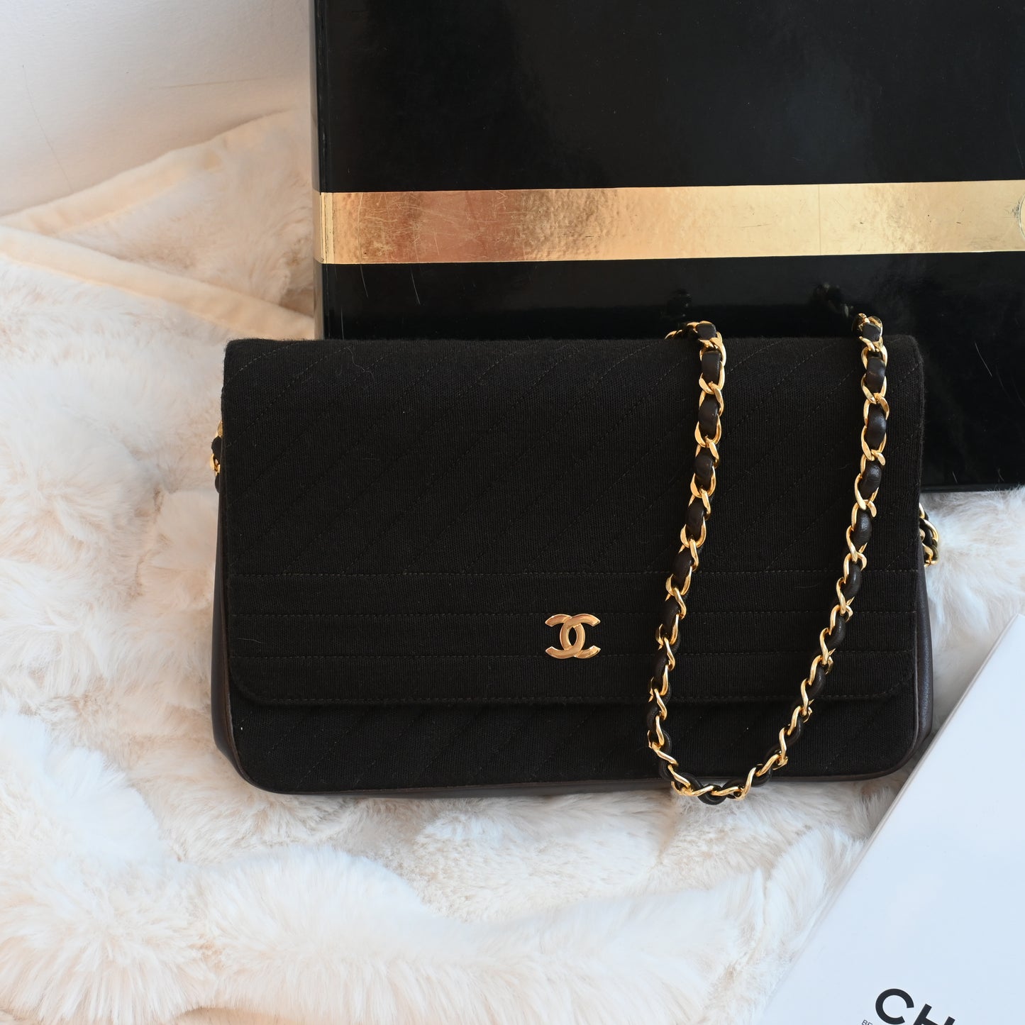 Chanel Bias Stitching Cotton x Lambskin Chain Shoulder Bag Brown