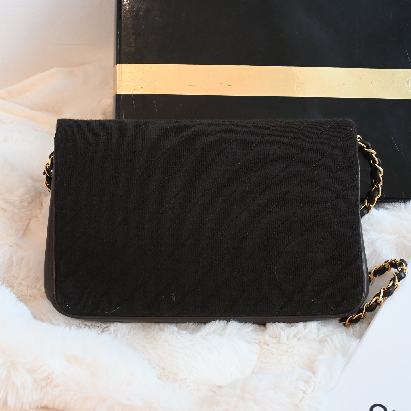 Chanel Bias Stitching Cotton x Lambskin Chain Shoulder Bag Brown