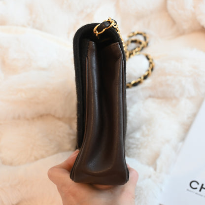 Chanel Bias Stitching Cotton x Lambskin Chain Shoulder Bag Brown