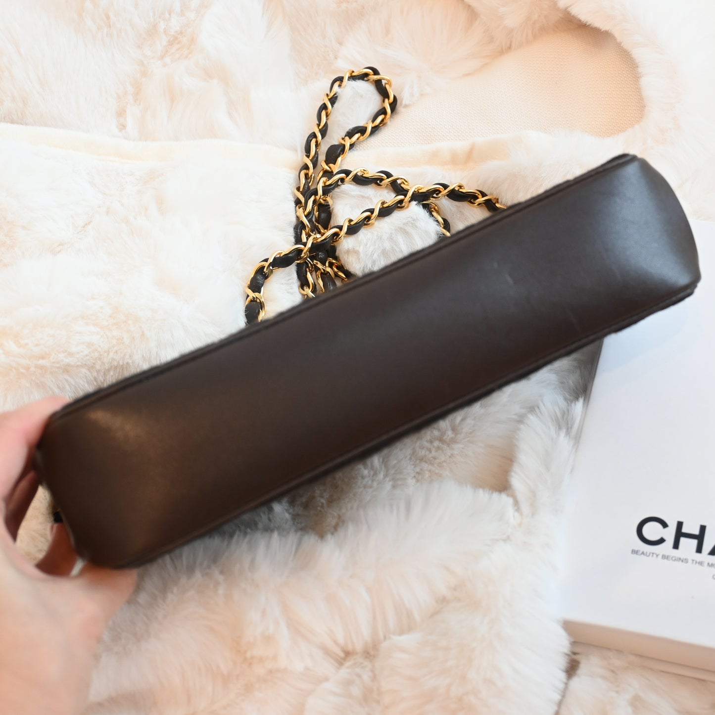 Chanel Bias Stitching Cotton x Lambskin Chain Shoulder Bag Brown