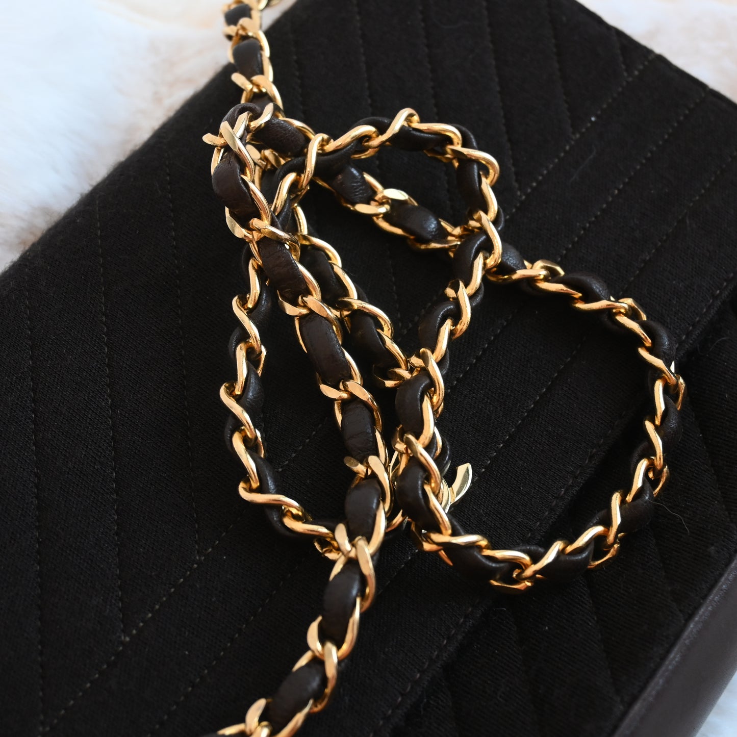 Chanel Bias Stitching Cotton x Lambskin Chain Shoulder Bag Brown