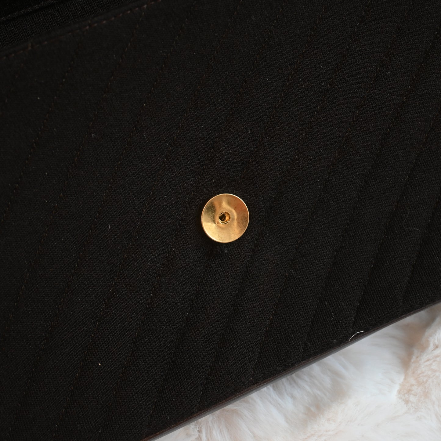 Chanel Bias Stitching Cotton x Lambskin Chain Shoulder Bag Brown