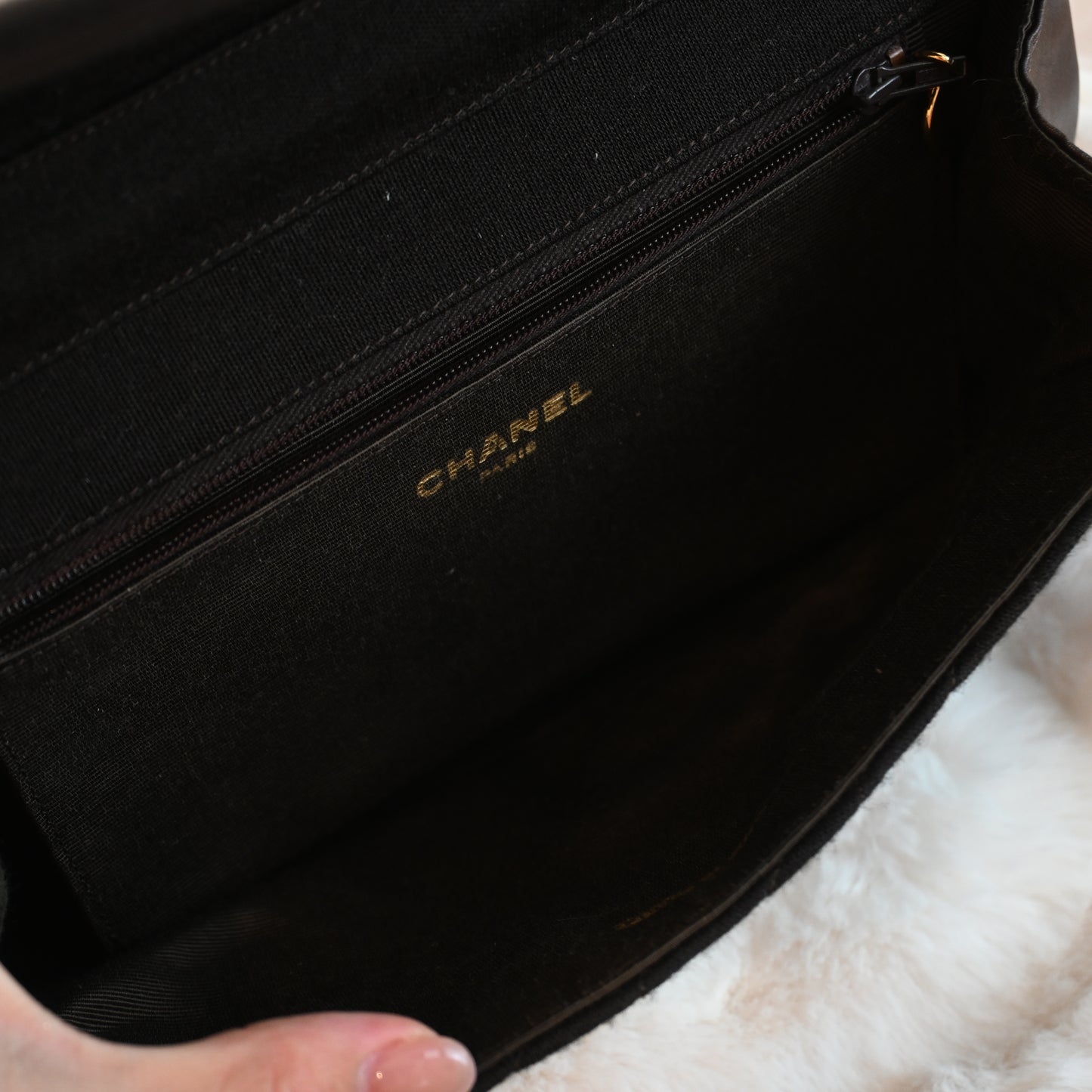 Chanel Bias Stitching Cotton x Lambskin Chain Shoulder Bag Brown