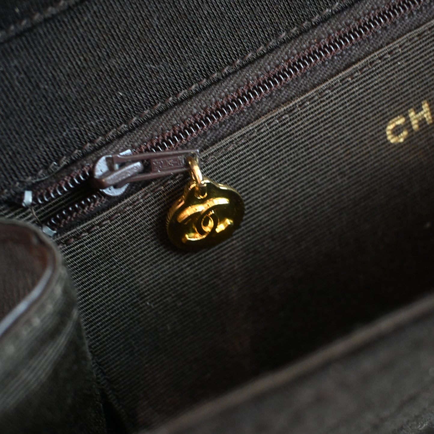 Chanel Bias Stitching Cotton x Lambskin Chain Shoulder Bag Brown