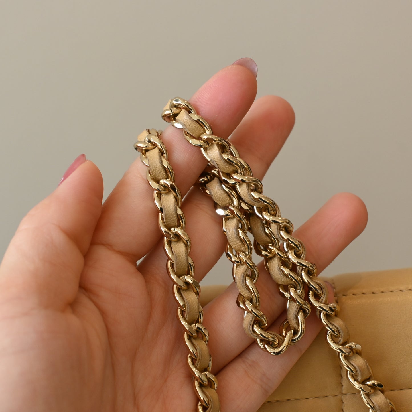 Chanel Chocolate Bar Lambskin Chain Shoulder Bag Beige GHW