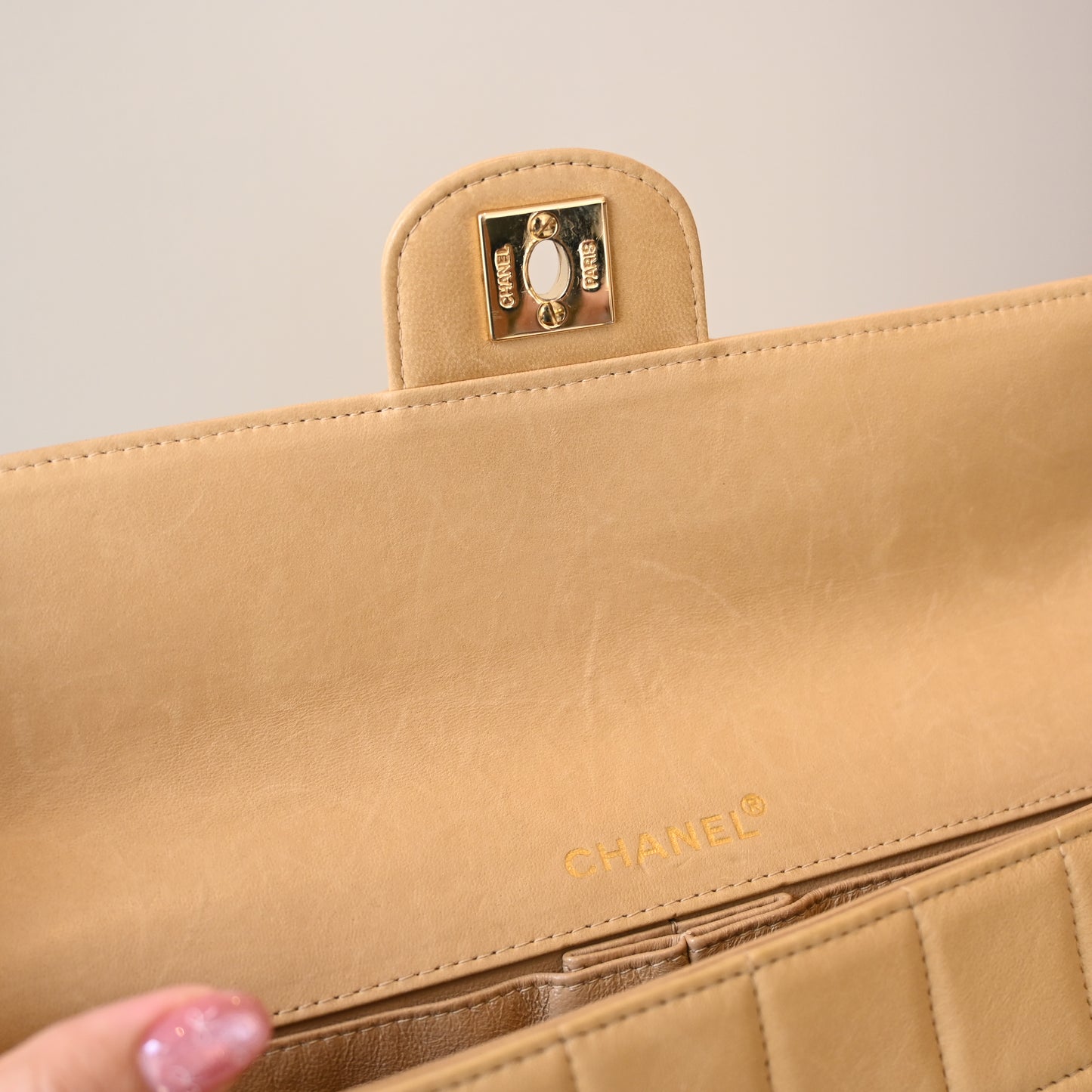 Chanel Chocolate Bar Lambskin Chain Shoulder Bag Beige GHW