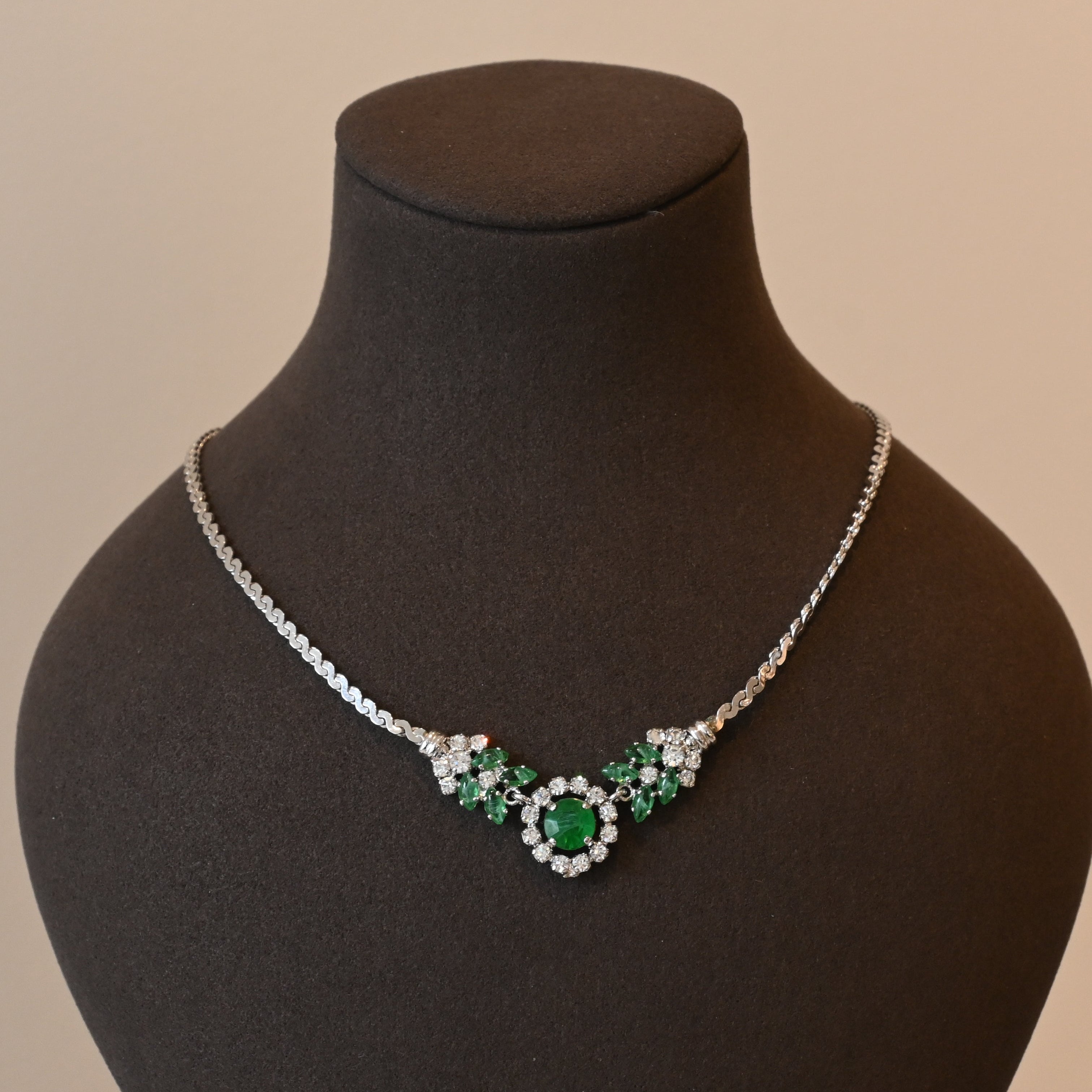 Christian Dior Necklace Green Rhinestone Silver