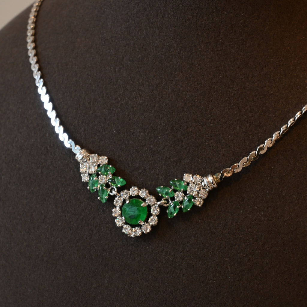 Christian Dior Necklace Green Rhinestone Silver